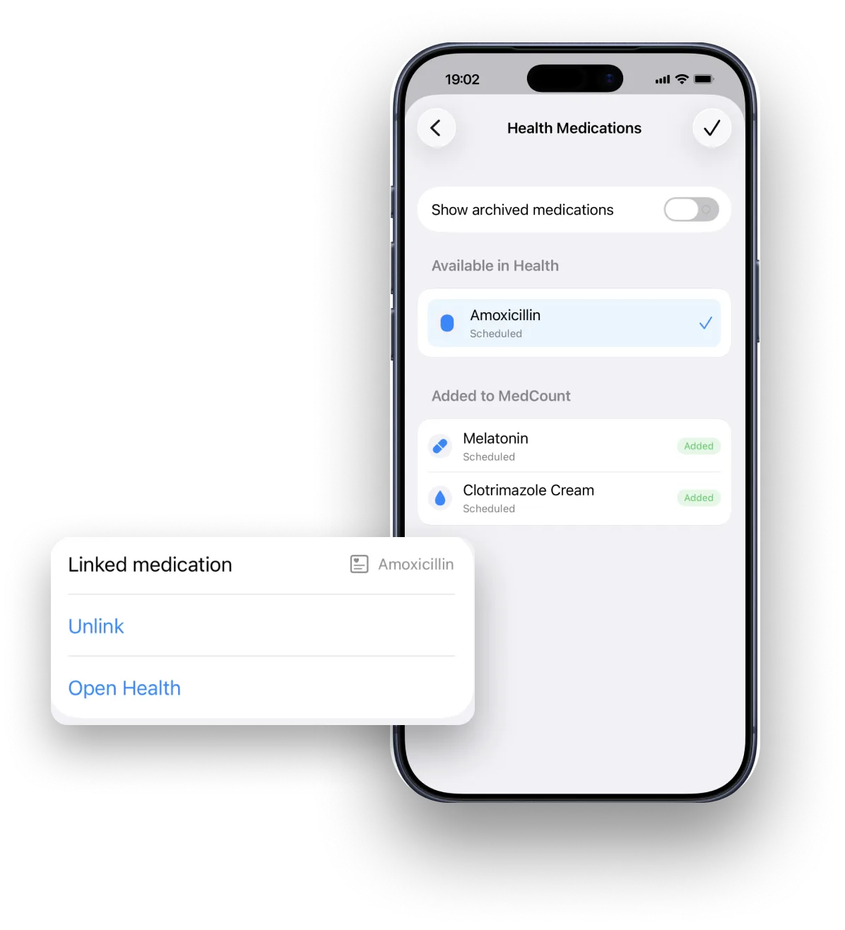 MedCount’s Apple Health medications screen with a linked medication card showing Unlink and Open Health options.