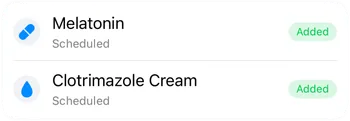 Melatonin and Clotrimazole Cream from Apple Health, both marked as added to MedCount.